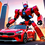 **Prompt:** A dynamic scene of Tobot X transforming from a red Kia car into a powerful robot, sparks flying, with a cityscape background at dusk. Style: Energetic, action-packed, vibrant colors, reminiscent of a cartoon animation.