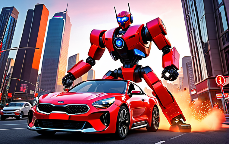 **Prompt:** A dynamic scene of Tobot X transforming from a red Kia car into a powerful robot, sparks flying, with a cityscape background at dusk. Style: Energetic, action-packed, vibrant colors, reminiscent of a cartoon animation.