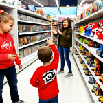 ** A group of Polish children, with excited expressions, gathered around a display of Tobot toys in a Smyk store. Focus on a child reaching for a Tobot X figure. The background should be a brightly lit toy aisle with various Tobot models visible. Emphasize the dynamic design of the toys and the sense of wonder.

**