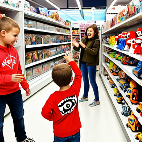 ** A group of Polish children, with excited expressions, gathered around a display of Tobot toys in a Smyk store. Focus on a child reaching for a Tobot X figure. The background should be a brightly lit toy aisle with various Tobot models visible. Emphasize the dynamic design of the toys and the sense of wonder.

**