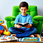Tobot Story Time**

A child, fully clothed in casual and colorful attire, is sitting on a bright rug in a cozy living room. Several Tobot action figures are arranged around them. The child is holding a picture book open, appearing to be telling a story with the Tobots as the main characters. Background includes bookshelves, toys, and a comfortable armchair. safe for work, appropriate content, fully clothed, family-friendly, perfect anatomy, correct proportions, well-formed hands, professional illustration, vibrant colors, natural pose.

**