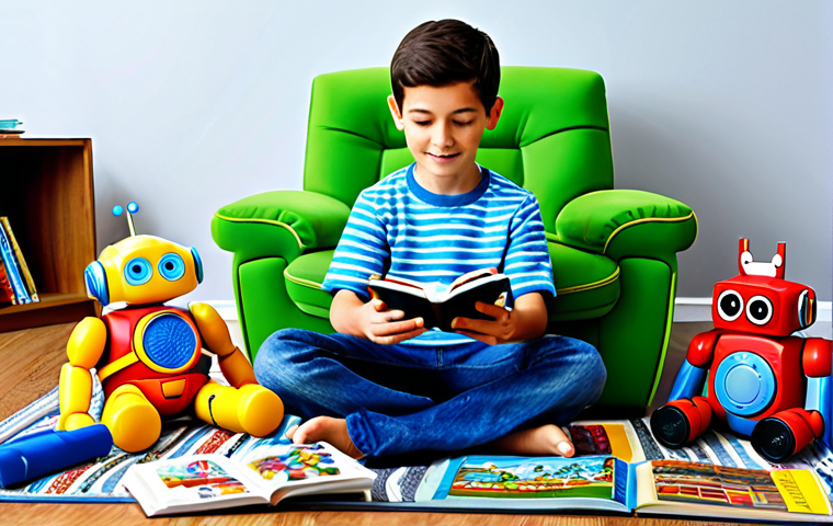 Tobot Story Time**
A child, fully clothed in casual and colorful attire, is sitting on a bright rug in a cozy living room. Several Tobot action figures are arranged around them. The child is holding a picture book open, appearing to be telling a story with the Tobots as the main characters. Background includes bookshelves, toys, and a comfortable armchair. safe for work, appropriate content, fully clothed, family-friendly, perfect anatomy, correct proportions, well-formed hands, professional illustration, vibrant colors, natural pose.
**